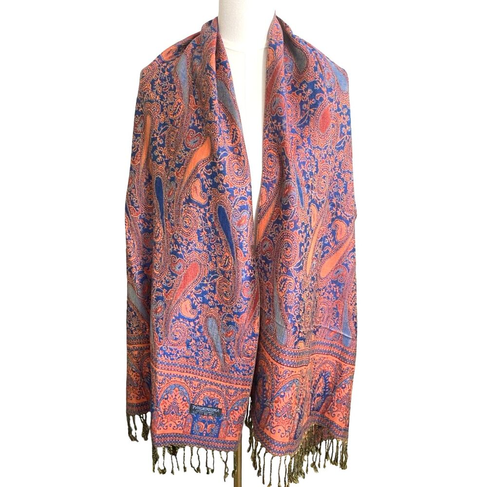 VTG 100% Cashmere Pashmina Paisley Scarf Orange Blue Wrap Shawl Two Sided 80x28 - Picture 3 of 7